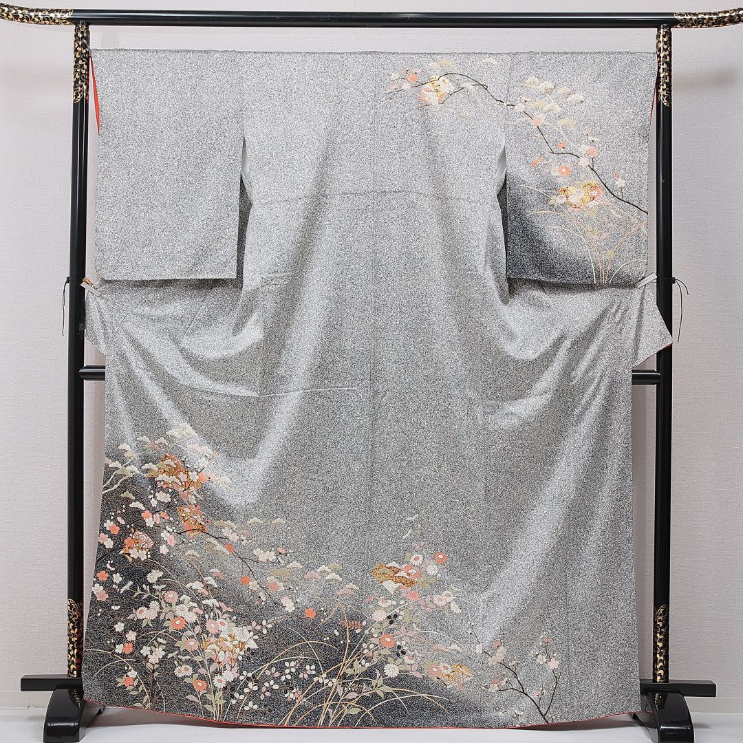 訪問着 身丈168cm 裄丈67cm 正絹 Sランク XLサイズ 広衿 セミフォーマル 梅 松 グレー系 1212-15492