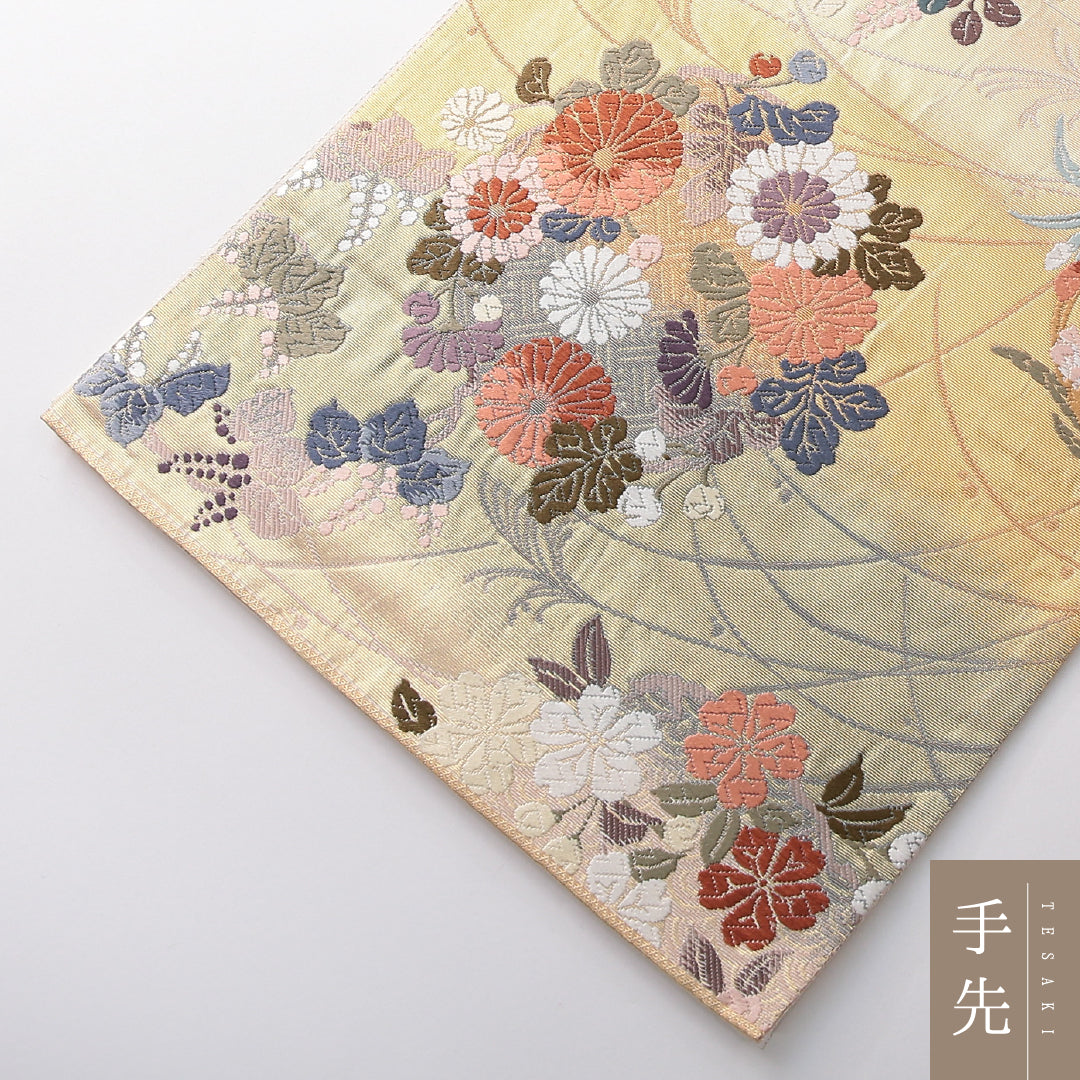 袋帯 帯丈442cm 正絹 六通 フォーマル 風景柄 四季草花 吉祥文様 多色系 1243-02117