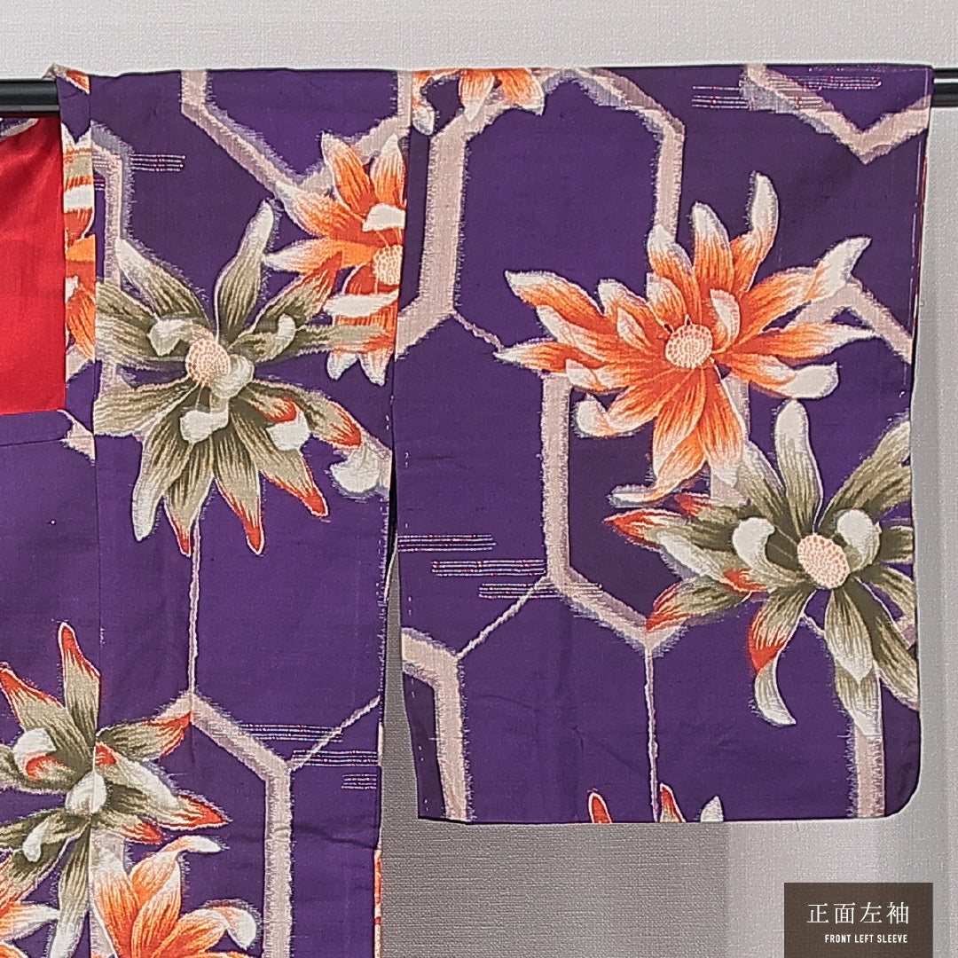 アンティーク 道行コート（銘仙） 袷 身丈86cm 裄丈64cm 正絹 Aランク Mサイズ 亀甲 花柄 青系 1263-15179