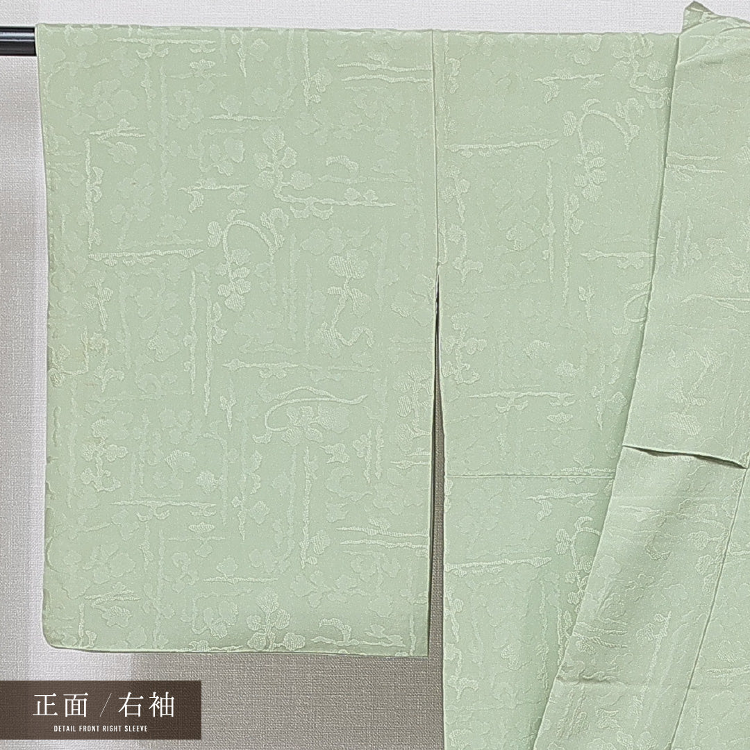 色無地 袷 身丈166cm 裄丈66cm 正絹 Cランク 一つ紋 (花菱) 紋意匠 (創作柄) セミフォーマル 広衿 XLサイズ 織り出し 緑系 HP 1219-15593