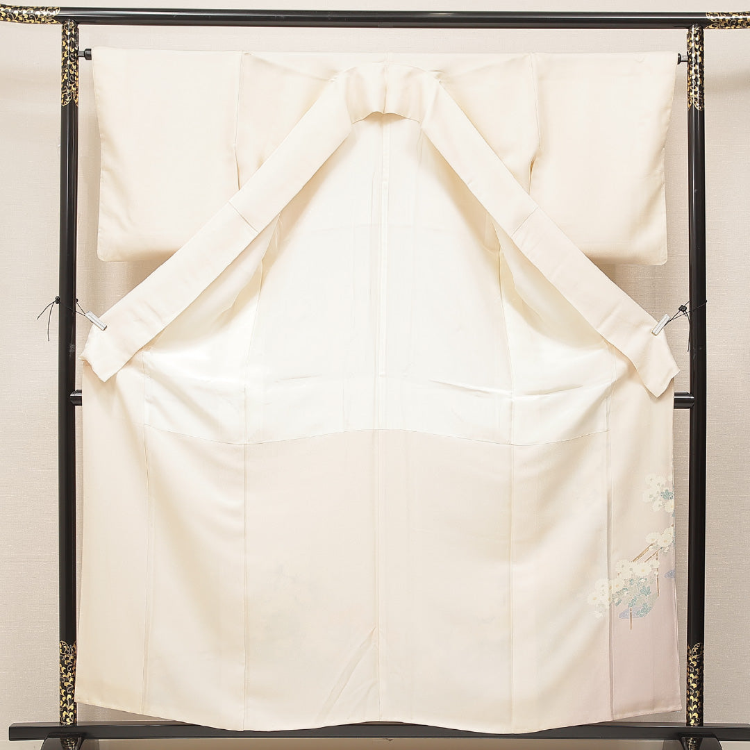 訪問着 袷 身丈158cm 裄丈64cm 正絹 Cランク Mサイズ 広衿 セミフォーマル 流水 菊 クリーム系 1212-16911