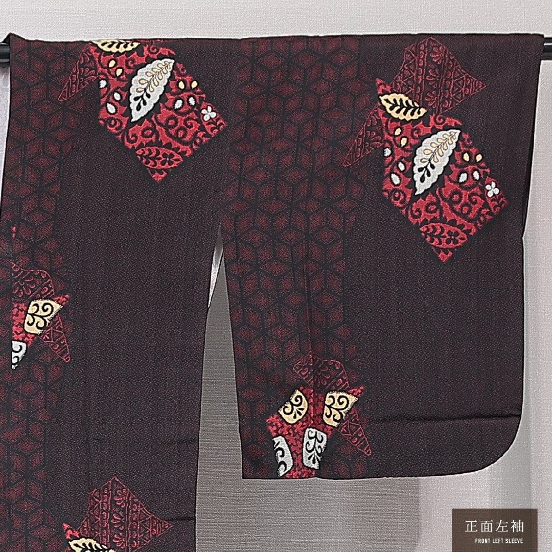 アンティーク 道行コート（お召） 袷 身丈89cm 裄丈63cm 正絹 Aランク Sサイズ ポケットあり 創作柄 黒系 赤系 1263-15186