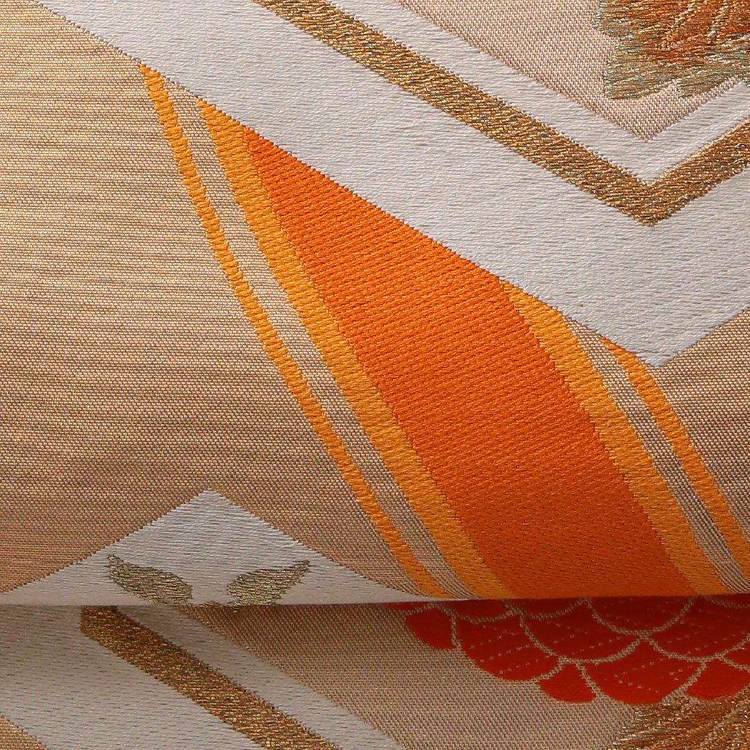 アンティーク 袋帯 帯丈420cm 六通 未仕立て 帯芯なし Aランク 正絹 亀甲 菊 金系 1223-01990