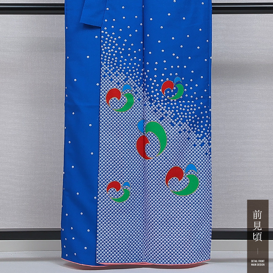 付下げ 洗える着物 胴抜き 身丈160cm 裄丈66cm ポリエステル Aランク Lサイズ バチ衿 インフォーマル 鹿の子 創作柄 青系 1261-16356