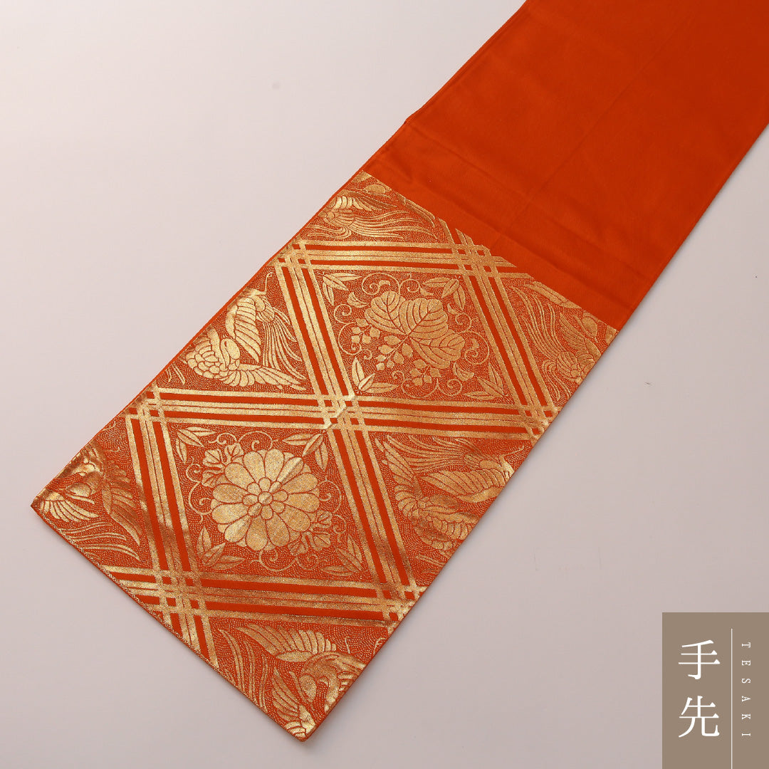 袋帯 帯丈426cm 正絹 六通 帯芯なし フォーマル 格天井 鳳凰 朱系 1243-01909