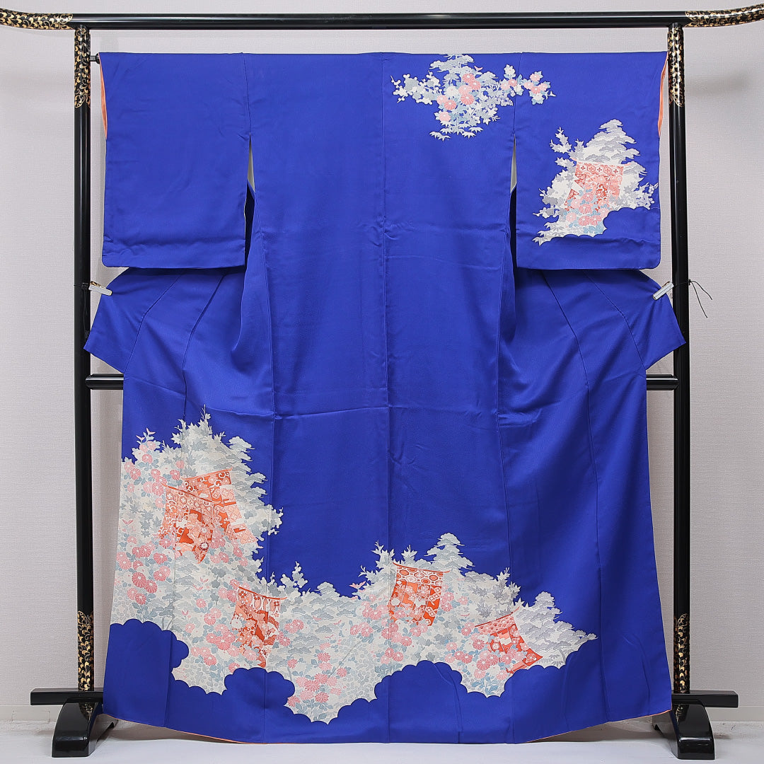 訪問着 袷 身丈166cm 裄丈66cm 正絹 Sランク XLサイズ 広衿 セミフォーマル 几帳 梅 松 青系 1212-15749