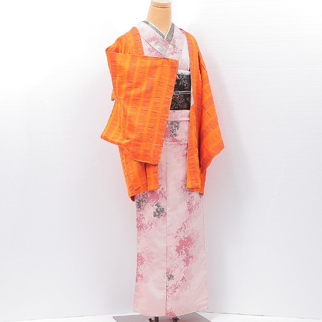 羽織 袷 身丈78cm 裄丈65cm 正絹 Sランク Mサイズ カジュアル 縞 朱系 1217-15120