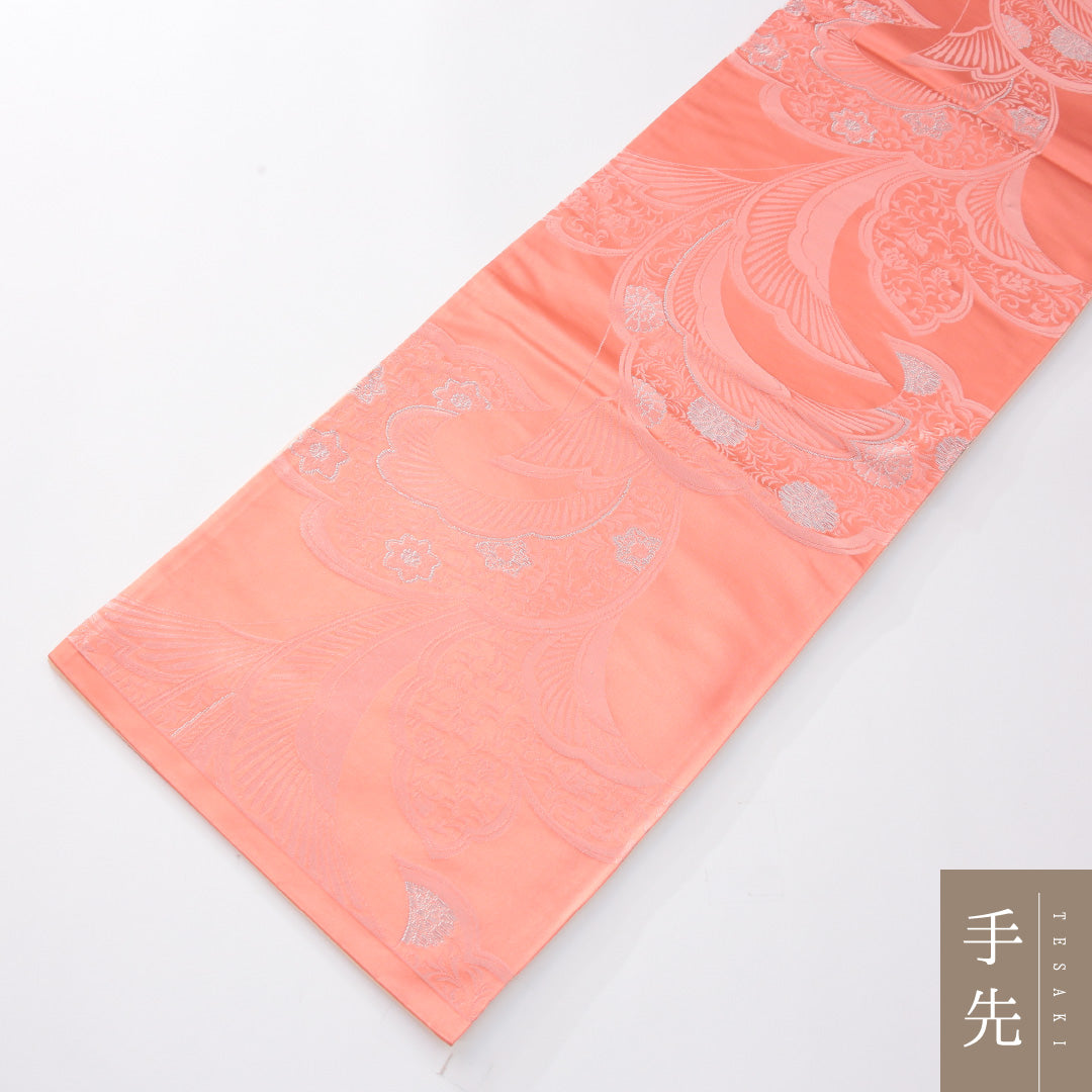 未使用品 袋帯 帯丈426cm 正絹 全通 帯芯なし 三松 セミフォーマル 唐草華文 ピンク系 1243-02255