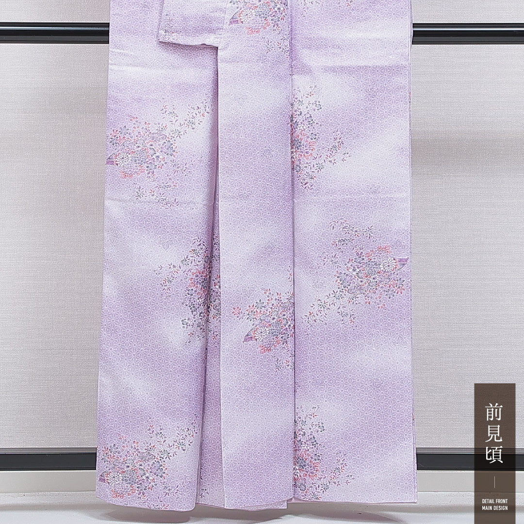 洗える着物 小紋 袷 身丈158cm 裄丈64cm ポリエステル Bランク インフォーマル 広衿 Mサイズ 麻の葉 牡丹 紫系 RP 1221-16279