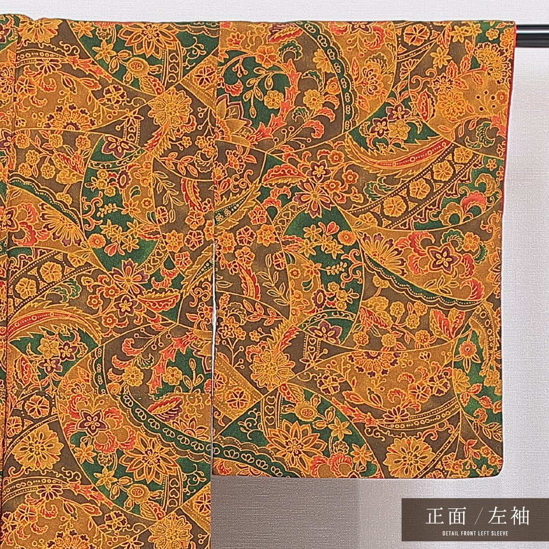 小紋 袷 身丈156cm 裄丈62cm 正絹 Dランク Mサイズ 広衿 インフォーマル ちりめん 多色系 朱系 1215-16665