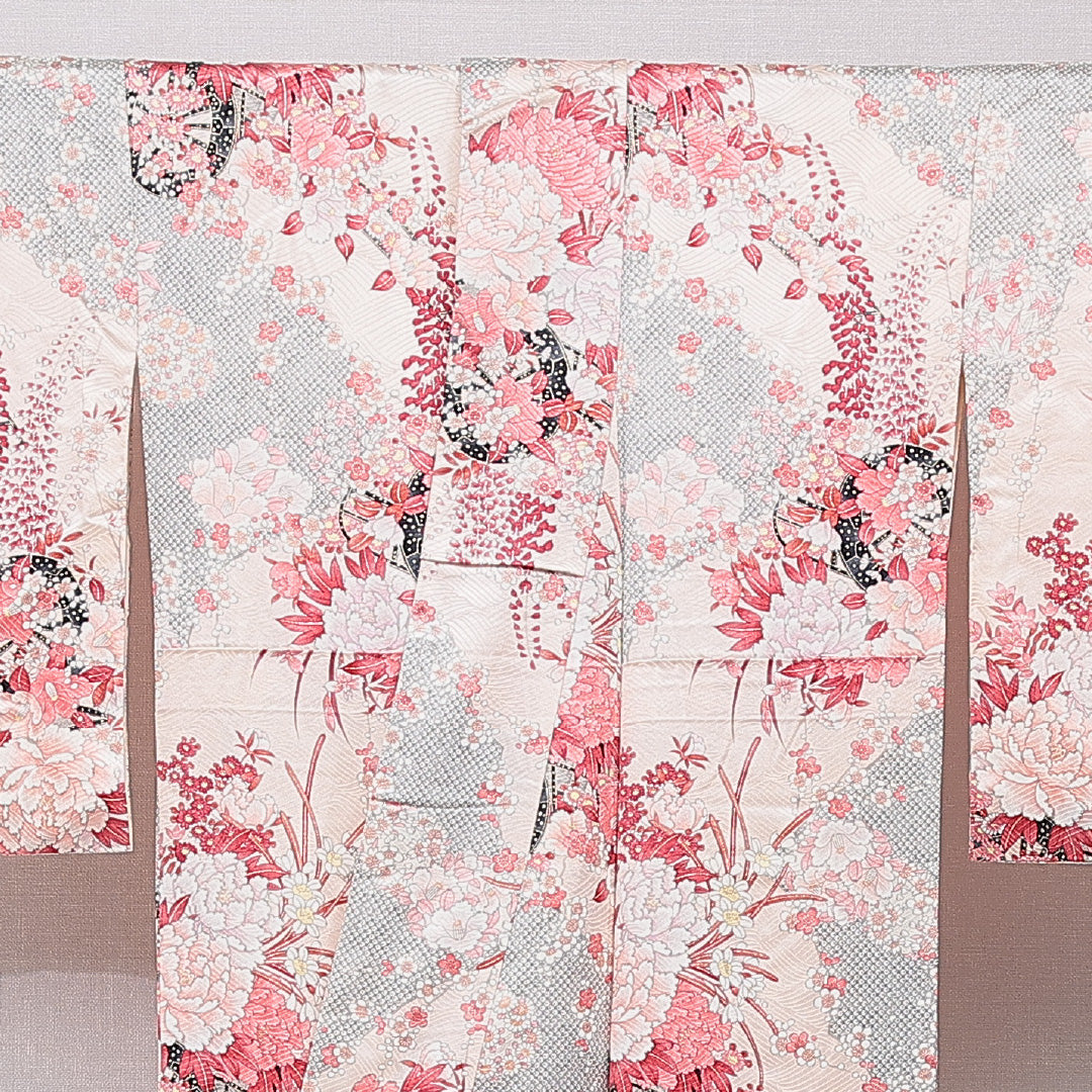 小紋 袷 身丈166cm 裄丈66cm 正絹 Cランク XLサイズ 広衿 インフォーマル 牡丹 ピンク系 1215-15647