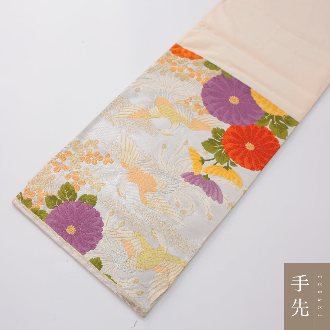 袋帯 帯丈424cm 正絹 六通 フォーマル 唐織 花喰鳥 菊 クリーム系 1243-02310