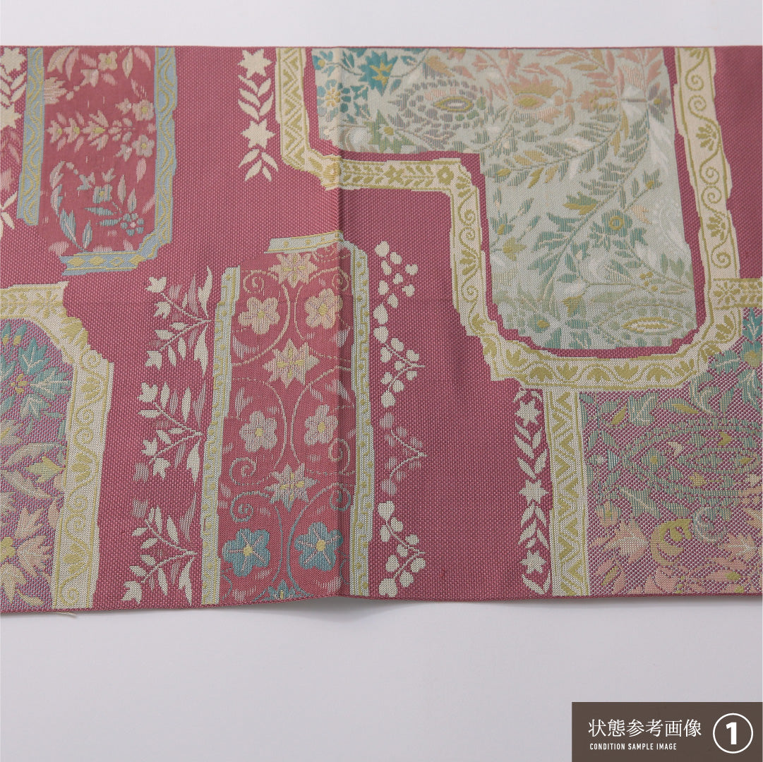 八寸名古屋帯 帯丈352cm カジュアル 松葉仕立て 六通 Aランク 正絹 色紙 ピンク系 1224-03196