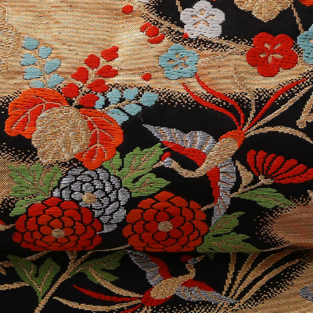 袋帯 帯丈414cm フォーマル 六通 Sランク 正絹 牡丹 桐 黒系 1223-01977