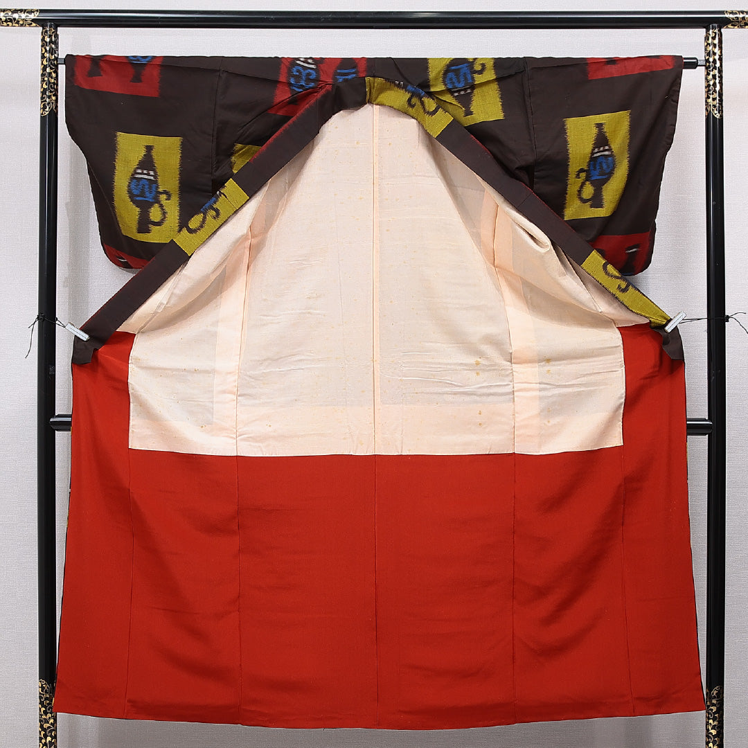 アンティーク 紬（銘仙） 袷 身丈151cm 裄丈64cm 正絹 Cランク Sサイズ バチ衿 壺 茶系 1216-15533