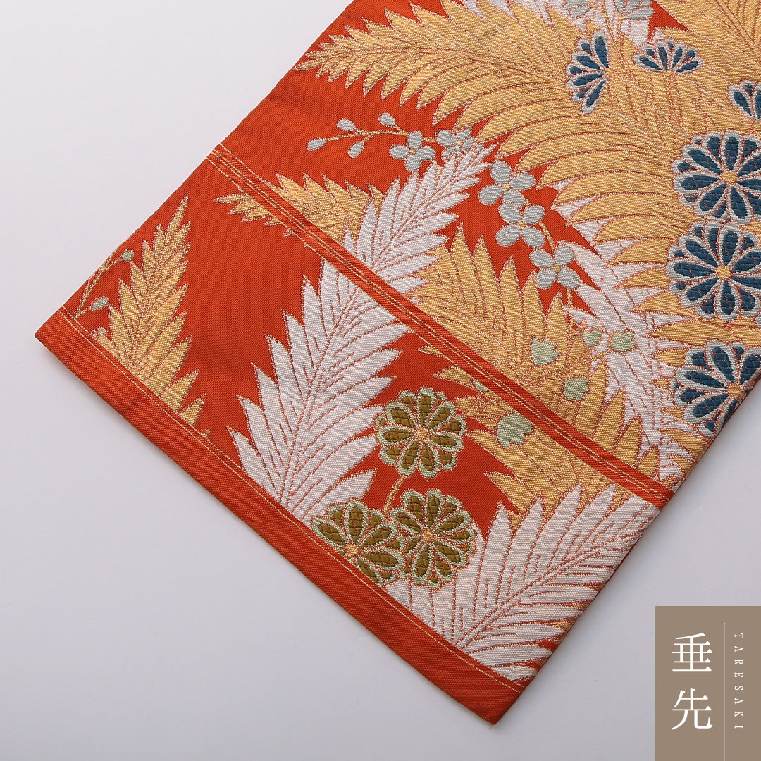 アンティーク 九寸名古屋帯 帯丈345cm カジュアル 名古屋仕立て 六通 Aランク 正絹 菊 朱系 1224-03532