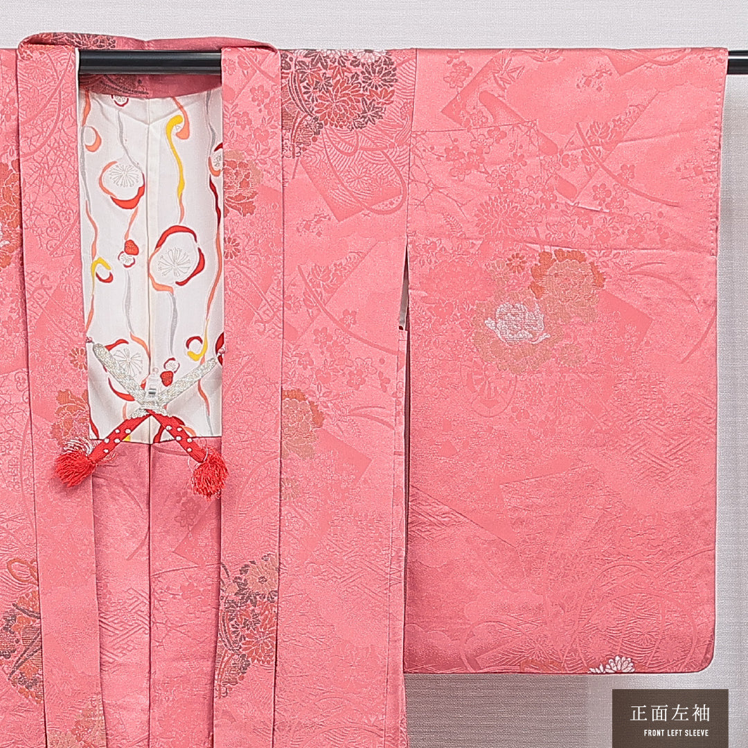 アンティーク 羽織 袷 身丈93cm 裄丈62cm 正絹 Aランク Sサイズ 一つ紋（五三桐） 鼓 牡丹 ピンク系 1217-16198