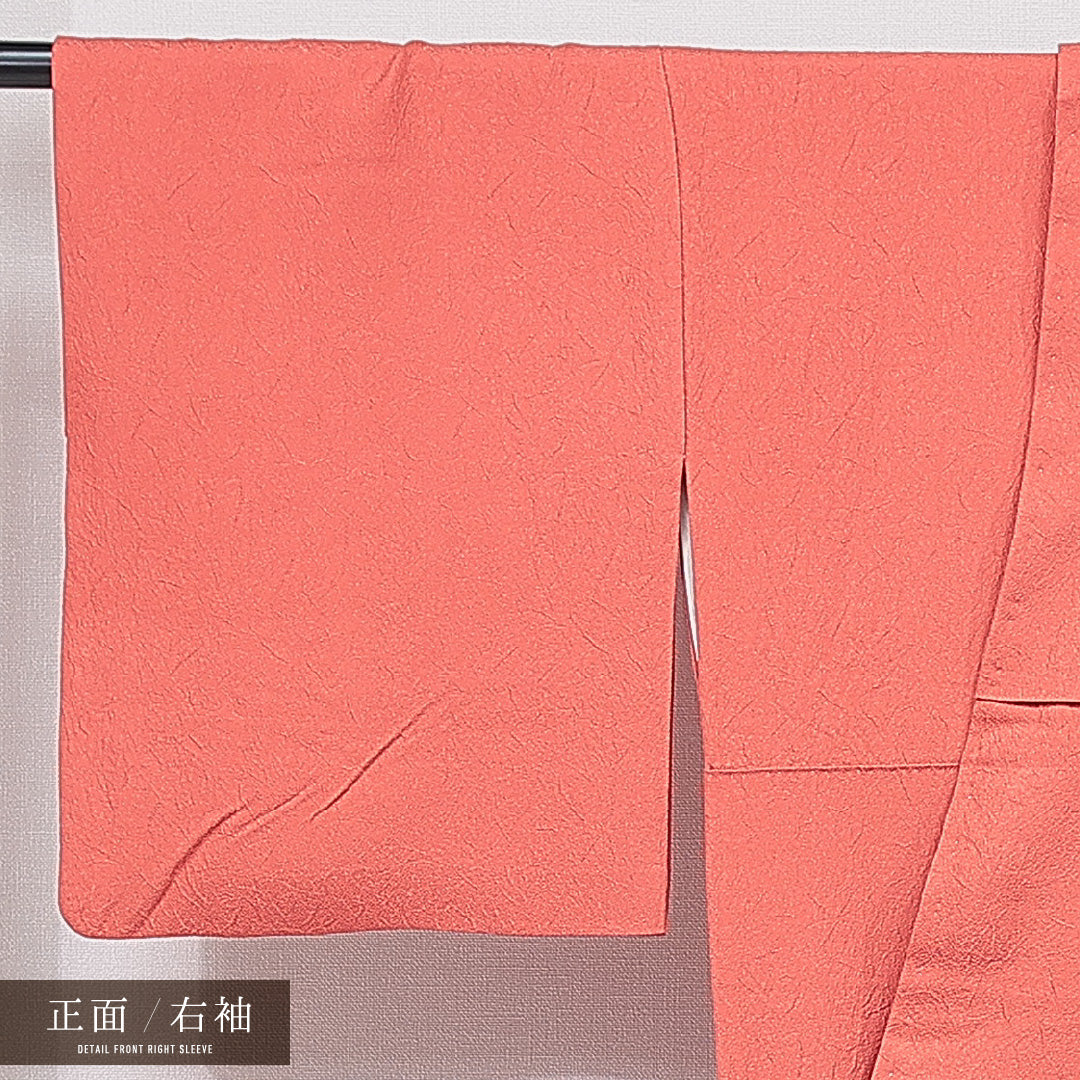 色無地 袷 身丈159cm 裄丈65cm 正絹 Sランク Mサイズ 広衿 一つ紋（丸に桔梗） セミフォーマル 紋意匠 創作柄 織り出し 赤系 朱系 1214-15653