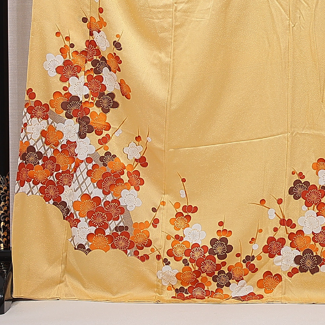 訪問着 袷 身丈173cm 裄丈65cm 正絹 Cランク 2XLサイズ 広衿 一つ紋（五三桐） セミフォーマル 梅 黄系 1212-15752