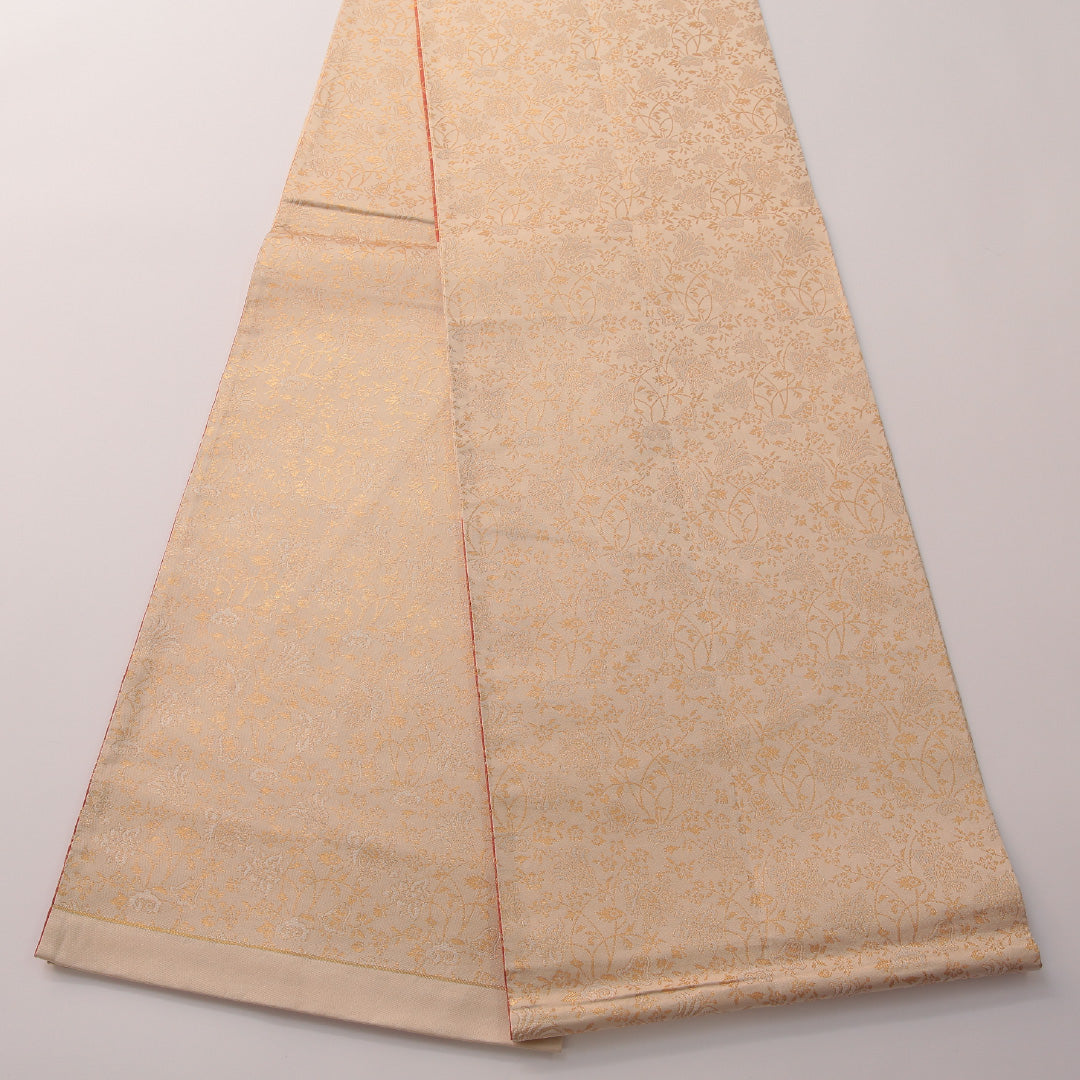 袋帯 帯丈448cm セミフォーマル ポイント柄 未仕立て 帯芯なし Aランク 正絹 唐草 クリーム系 朱系 1223-01888