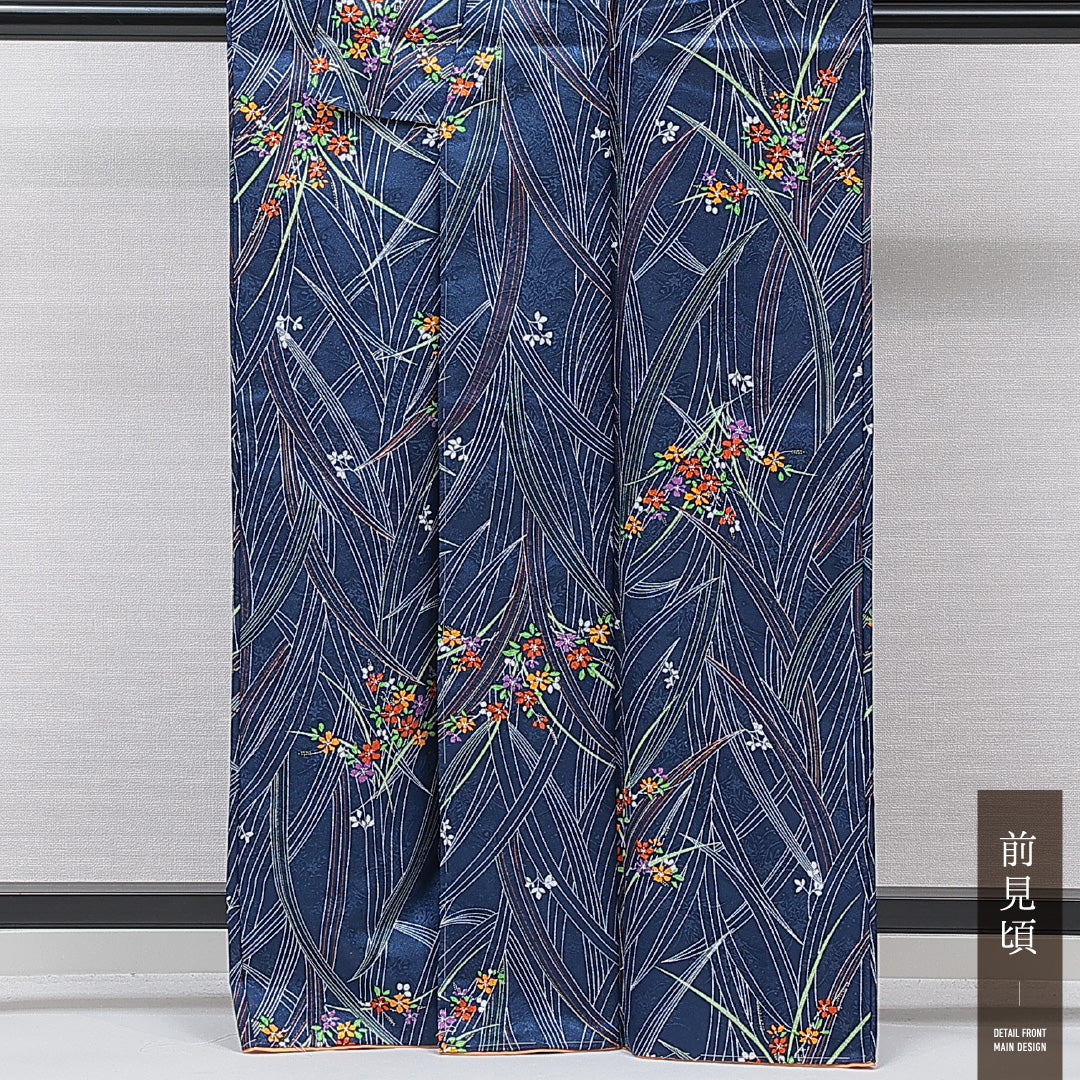 洗える着物 小紋 袷 身丈163cm 裄丈64cm ポリエステル Sランク インフォーマル 広衿 Lサイズ 花柄 青系 RP 1221-15845
