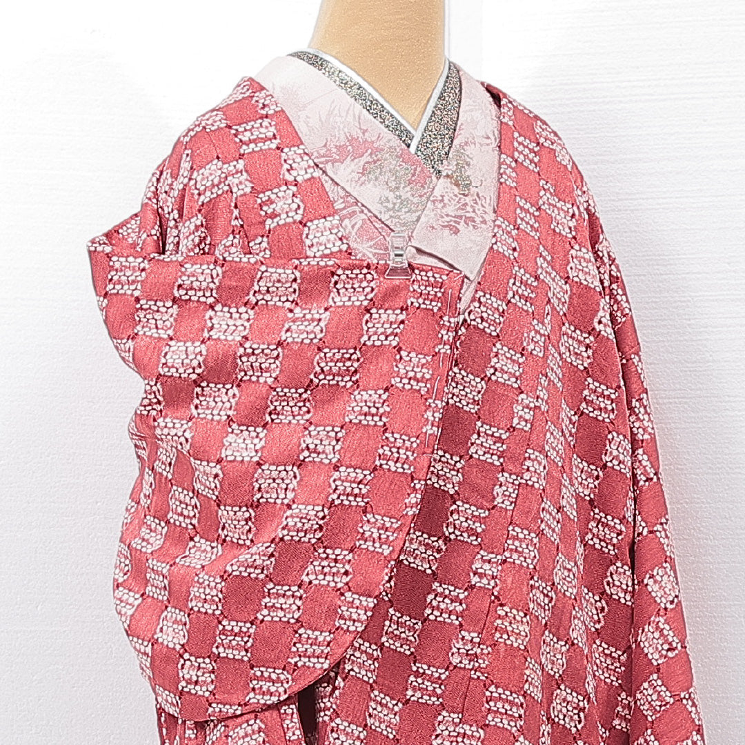 道中着 袷 身丈72cm 裄丈62cm 正絹 Aランク Sサイズ カジュアル 創作柄 ピンク系 1264-15122