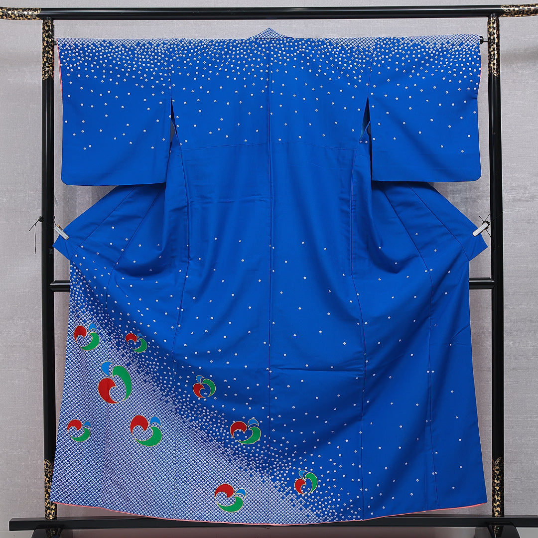 付下げ 洗える着物 胴抜き 身丈160cm 裄丈66cm ポリエステル Aランク Lサイズ バチ衿 インフォーマル 鹿の子 創作柄 青系 1261-16356