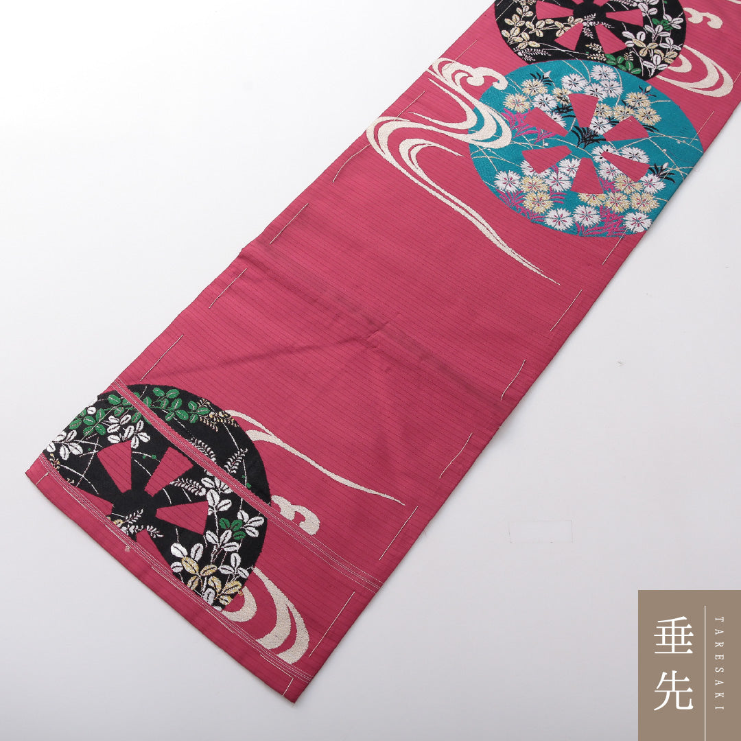 アンティーク 九寸名古屋帯 帯丈339cm 名古屋仕立て ポイント柄 Aランク 正絹 源氏車 花柄 ピンク系 1224-03695
