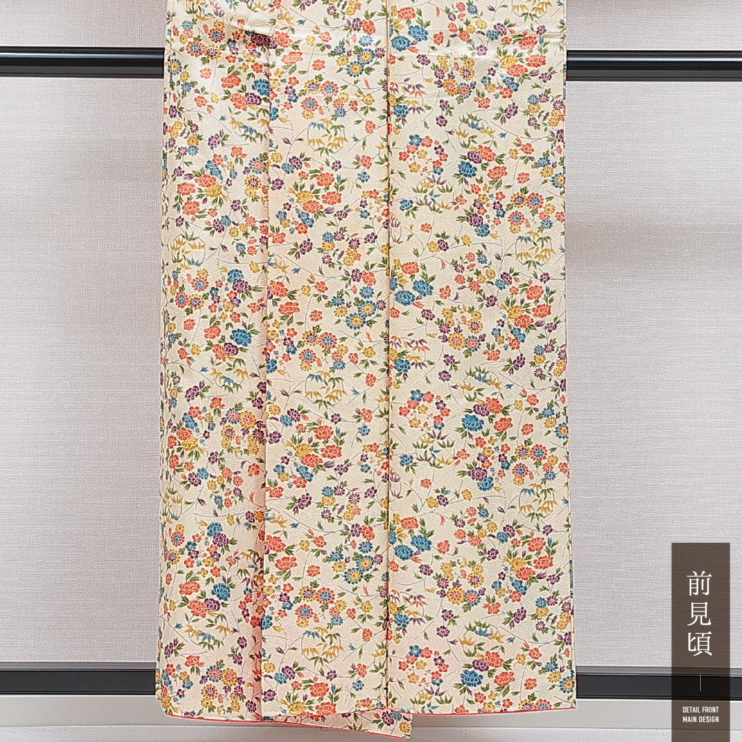 小紋 袷 身丈154cm 裄丈62cm 正絹 Cランク インフォーマル 広衿 Sサイズ 菊 牡丹 クリーム系 LP 1221-16023