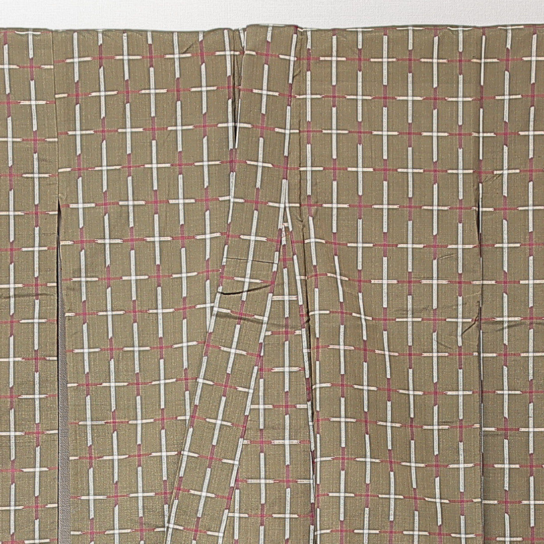 紬 袷 身丈145cm 裄丈60cm 正絹 Bランク XSサイズ バチ衿 カジュアル 格子 緑系 1216-15234