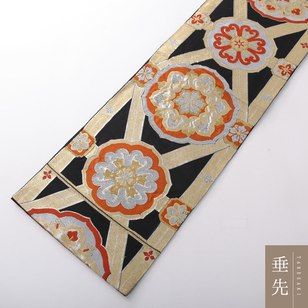 袋帯　アンティーク アンティーク袋帯】 帯丈400cm 正絹 六通 鏡裏文 吉祥文様 黒系 1243-02088