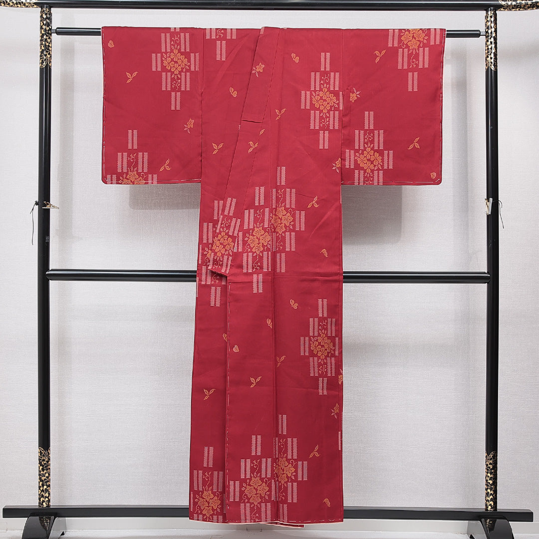 お召 袷 身丈155cm 裄丈60cm 正絹 Cランク インフォーマル バチ衿 Mサイズ 花柄 赤系 LP 1222-15583