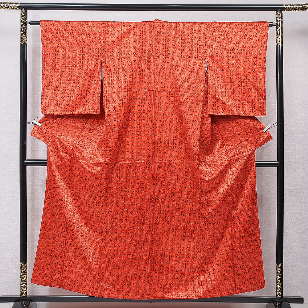 アンティーク 小紋 袷 身丈156cm 裄丈62cm 正絹 Aランク 広衿 Mサイズ 花柄 朱系 RP 1221-16765