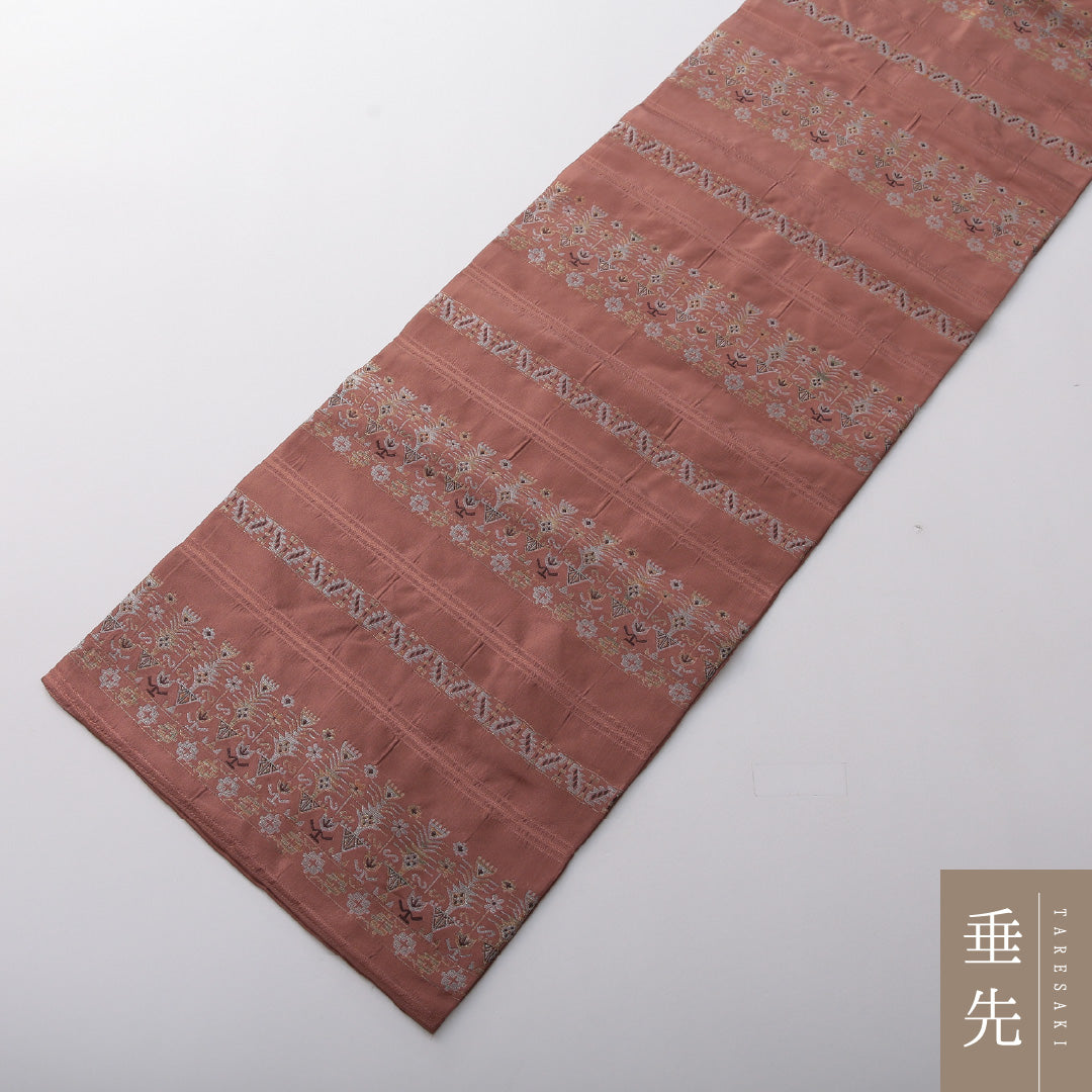 九寸名古屋帯 Sランク 帯丈341cm 正絹 六通 名古屋仕立て 織り カジュアル 創作柄 くすんだピンク系 LP 1245-03542