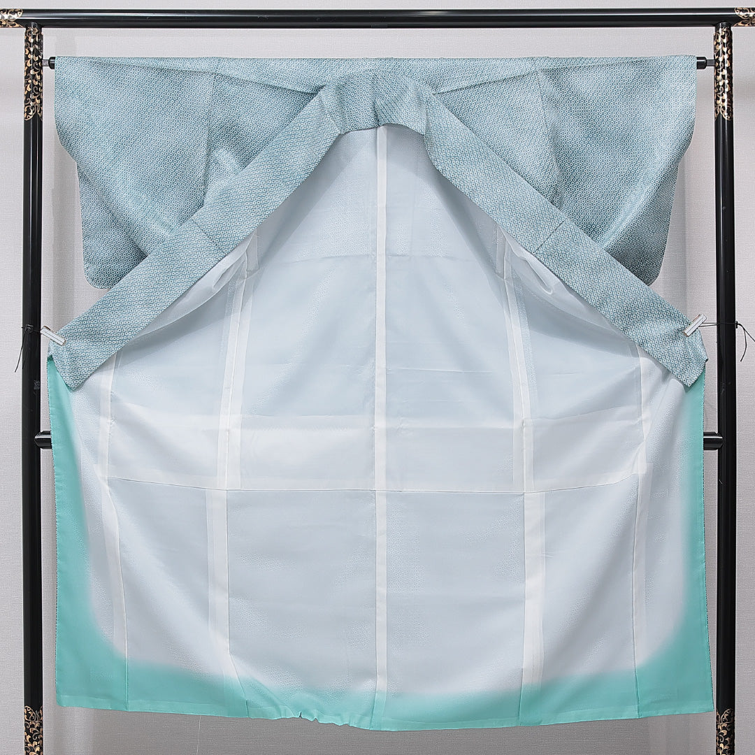 小紋 洗える着物 袷 身丈147cm 裄丈64cm ポリエステル Sランク XSサイズ 広衿 インフォーマル 鹿の子柄 緑系 1215-15794