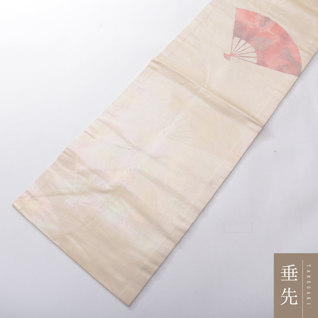 九寸名古屋帯 帯丈355cm セミフォーマル 名古屋仕立て ポイント柄 Bランク 正絹 引箔 扇 クリーム系 1224-03906