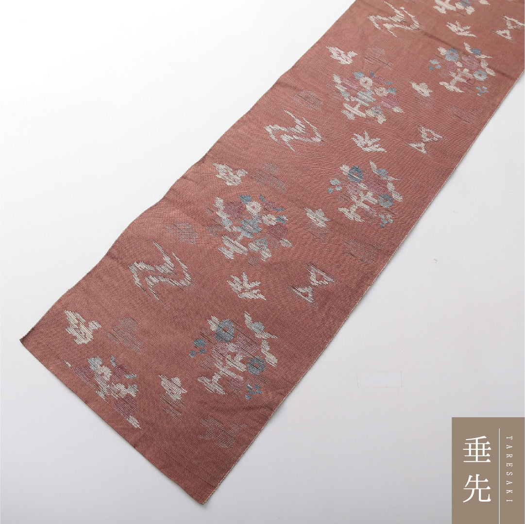 八寸名古屋帯（紬） 帯丈345cm カジュアル 松葉仕立て 六通 Cランク 正絹 創作柄 ピンク系 1224-03713