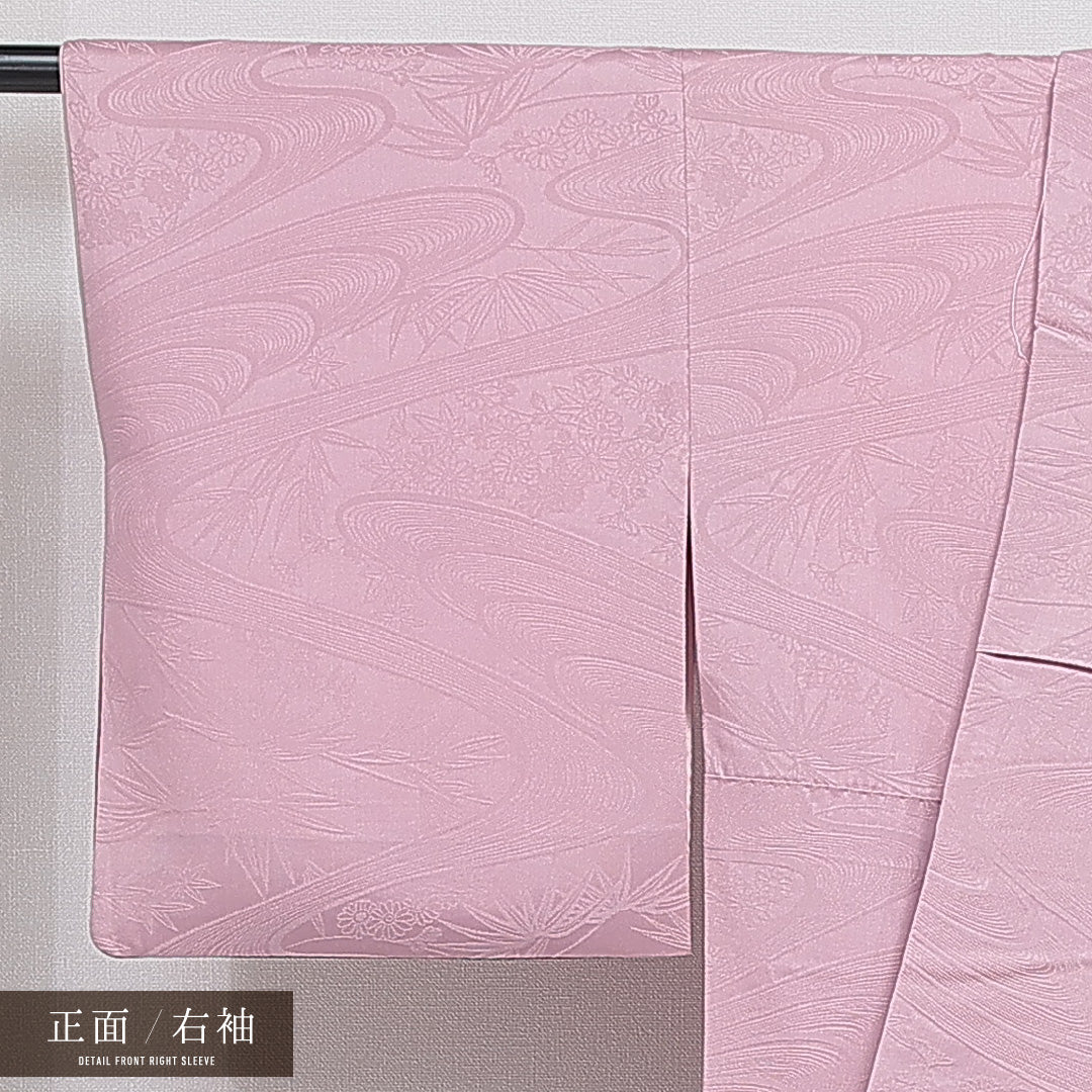 付下げ 袷 身丈159cm 裄丈64cm 正絹 Aランク 一つ紋 (五三桐) 紋意匠 (流水に笹) セミフォーマル 広衿 Mサイズ 寺院 ピンク系 RP 1218-16046