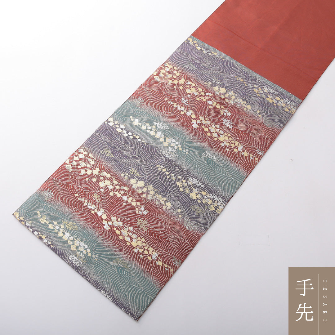 袋帯 帯丈440cm 正絹 六通 セミフォーマル 荒磯 砂子 朱系 1243-02091