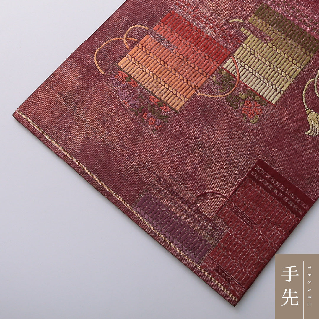 袋帯 帯丈420cm フォーマル 六通 Sランク 正絹 組紐 赤系 1223-02068