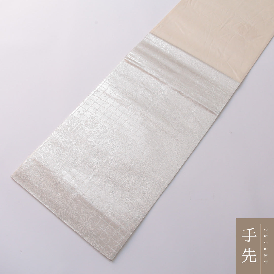 袋帯 帯丈436cm 正絹 六通 フォーマル 平安絵巻 御所解 吉祥文様 銀系 白系 1243-01965