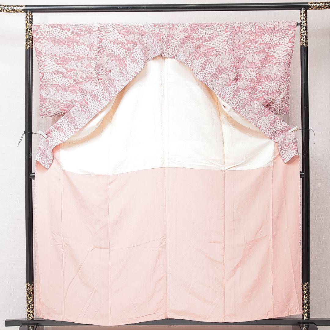 小紋 袷 身丈160cm 裄丈65cm 正絹 Aランク インフォーマル 広衿 Lサイズ 古典柄 ピンク系 HP 1221-15149