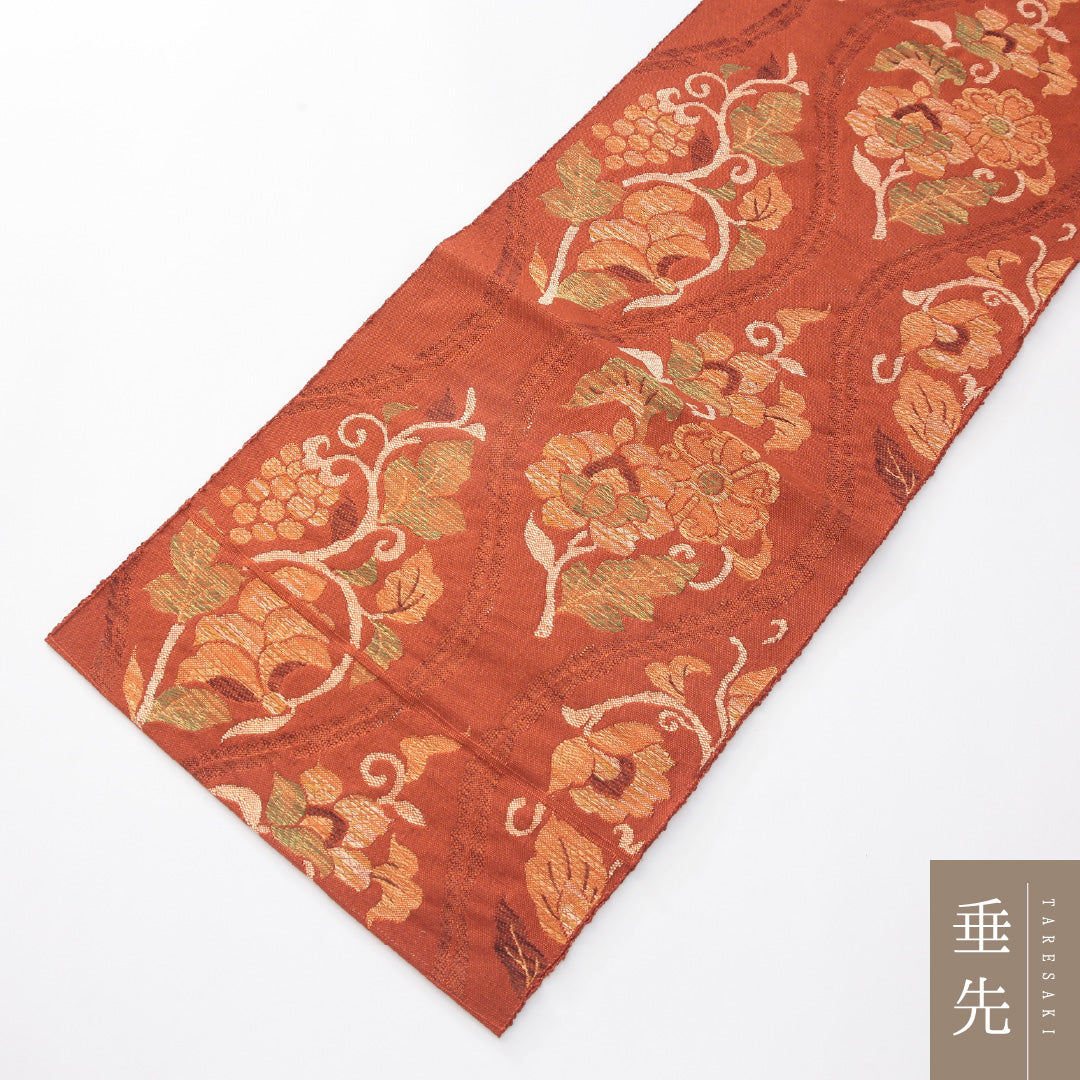 未使用品 九寸名古屋帯 Nランク 帯丈344cm 正絹 六通 名古屋仕立て 織り カジュアル 紬 葡萄唐草文 立涌 朱系 HP 1245-04147