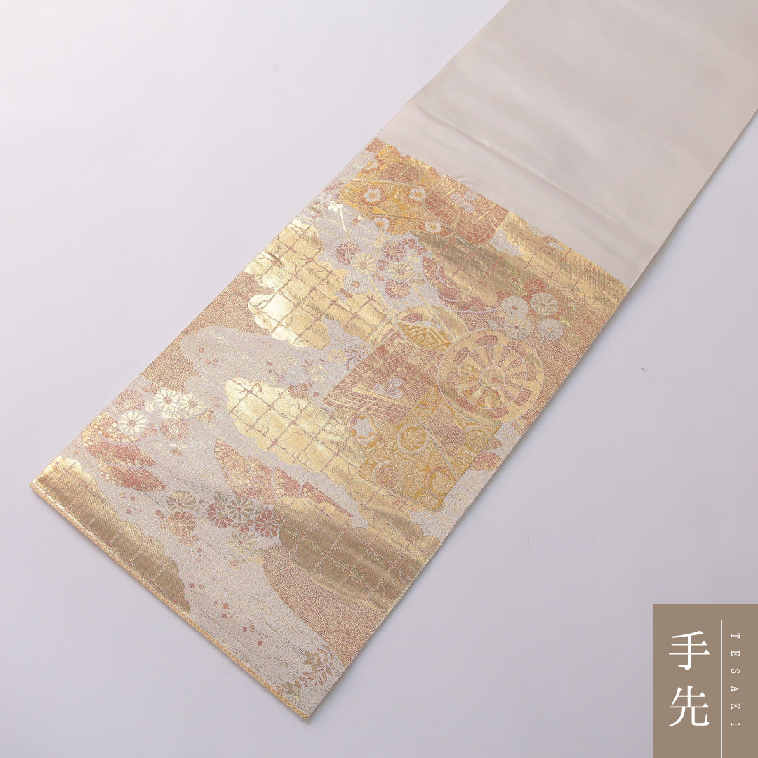 袋帯 帯丈436cm 正絹 六通 フォーマル 花車 吉祥文様 金系 1243-01966