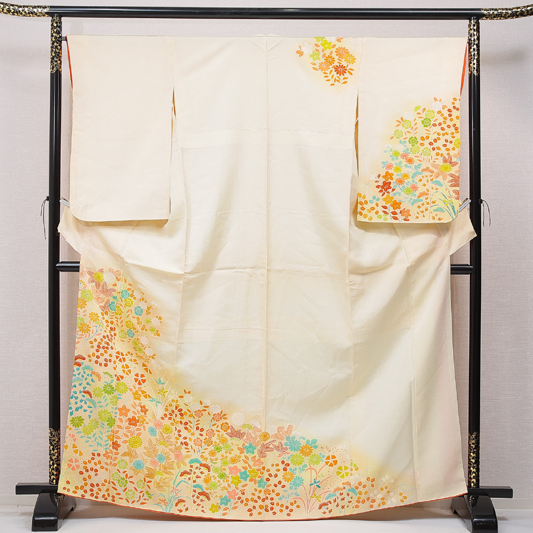 付下げ 袷 身丈166cm 裄丈66cm 正絹 Cランク XLサイズ 広衿 インフォーマル 花柄 クリーム系 1261-15655