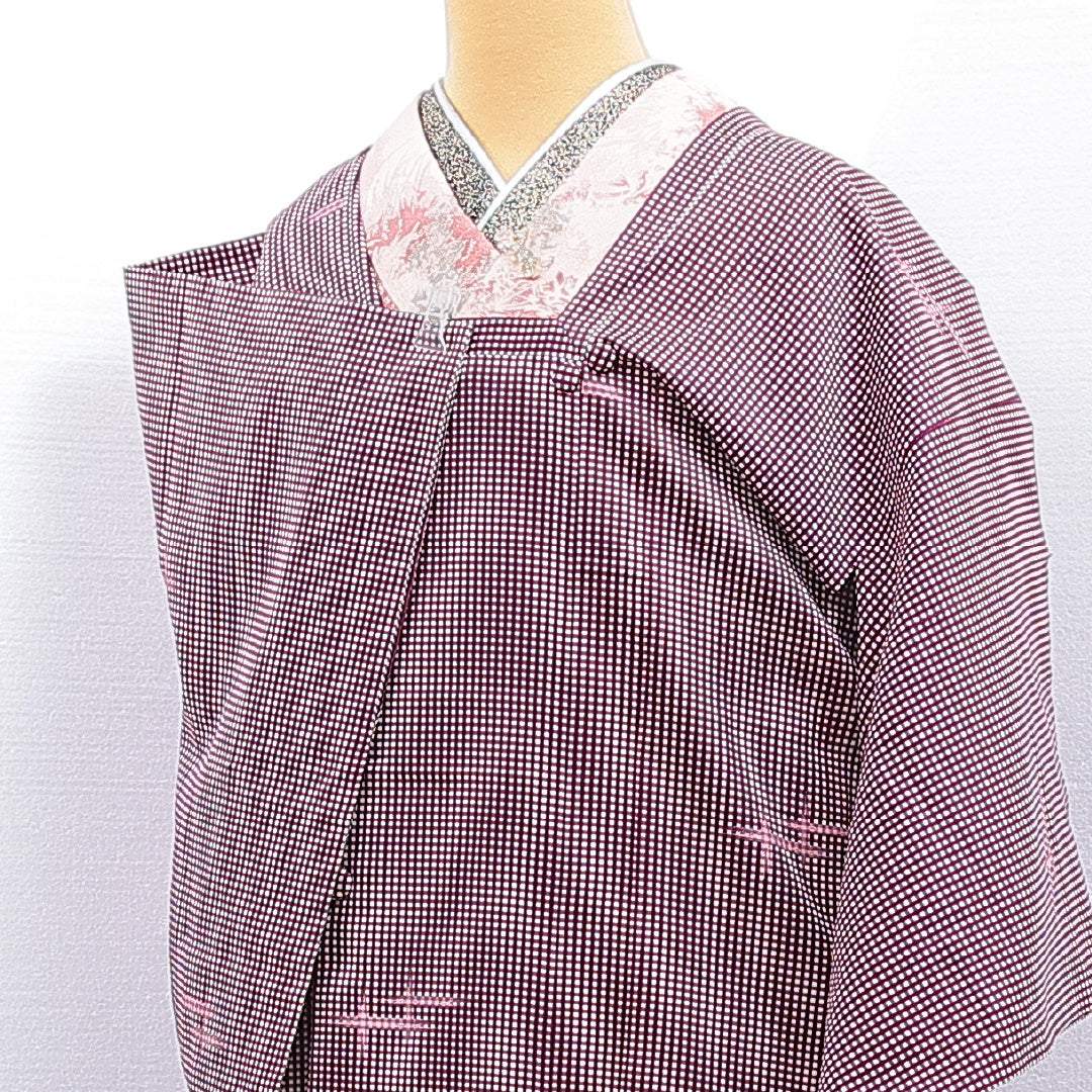 道行コート 単衣 身丈127cm 裄丈63cm 正絹 Sランク セミフォーマル Sサイズ 格子 紫系 RP 1237-16794