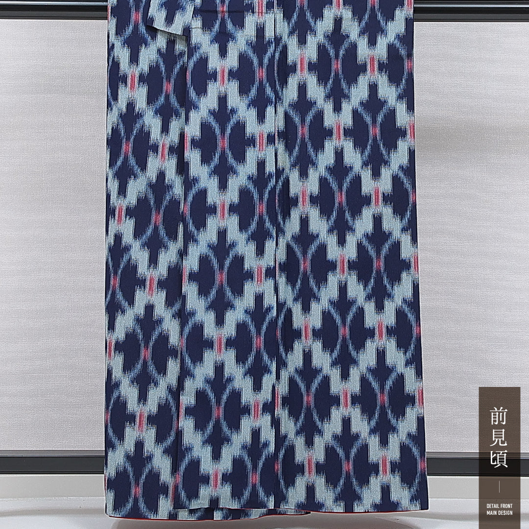 紬 袷 身丈160cm 裄丈68cm 正絹 Aランク カジュアル バチ衿 Lサイズ 菱 紺系 RP 1223-16739