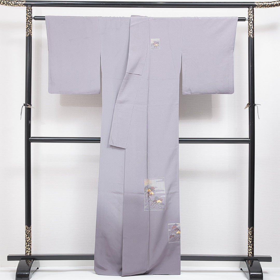 付下げ 袷 身丈163cm 裄丈65cm 正絹 Cランク Lサイズ 広衿 一つ紋（丸に橘） セミフォーマル 笠松 ぼかし染 金駒刺繍 グレー系 1261-16425