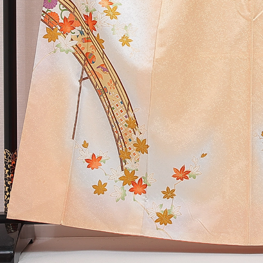 付下げ 洗える着物 袷 身丈162cm 裄丈64cm ポリエステル Cランク Lサイズ 広衿 インフォーマル 古典柄 橋 朱系 クリーム系 1261-16387