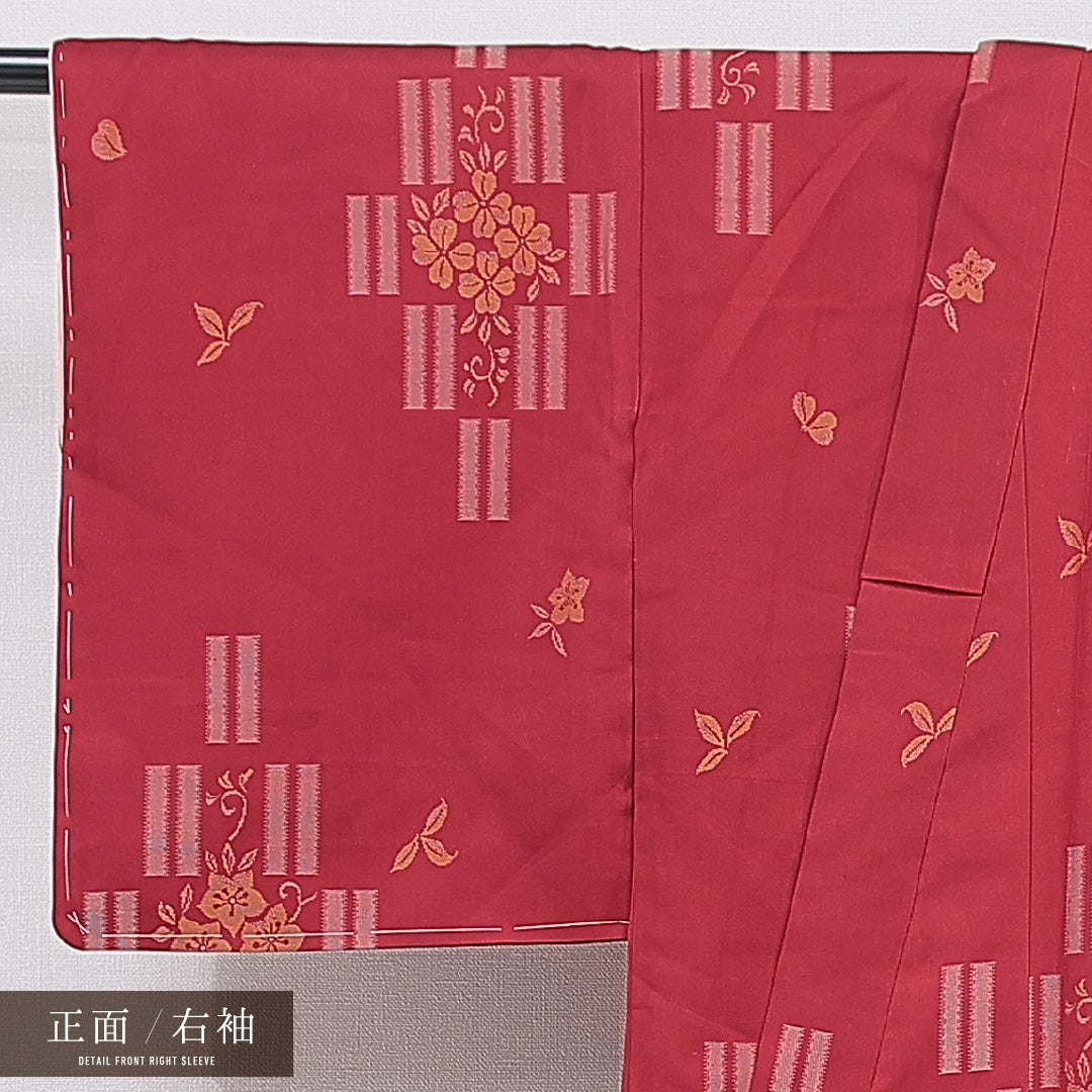 お召 袷 身丈155cm 裄丈60cm 正絹 Cランク インフォーマル バチ衿 Mサイズ 花柄 赤系 LP 1222-15583